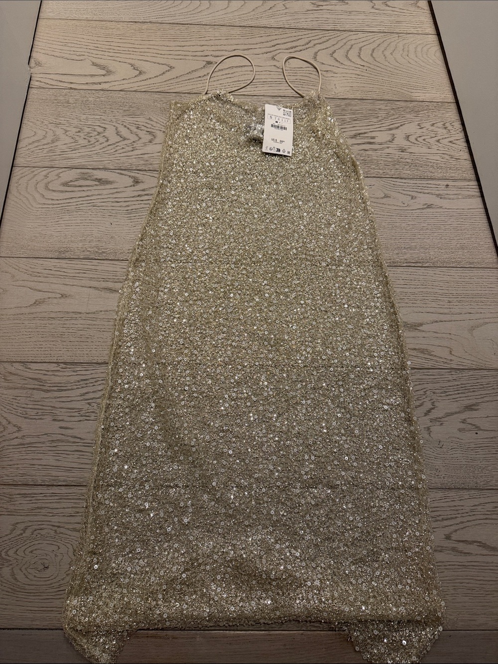 NWT Zara Beaded Sequin Spaghetti-Strap Dress in Gold / Slip MIDI - small